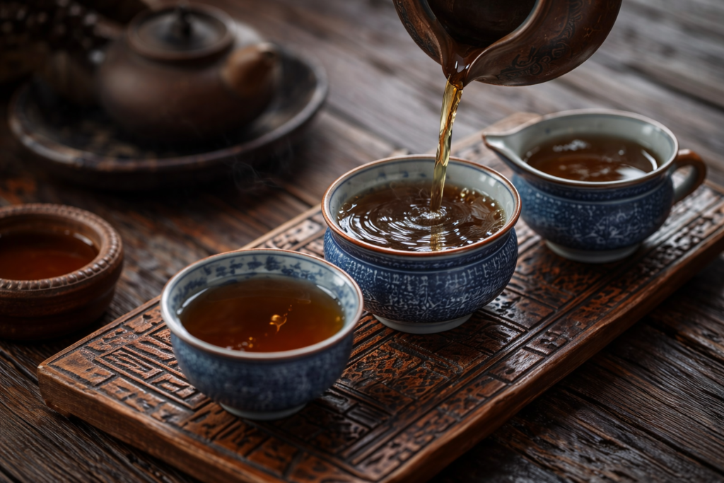 Xícara de chá verde matchá sobre mesa de madeira - artigo sobre segredos orientais da longevidade